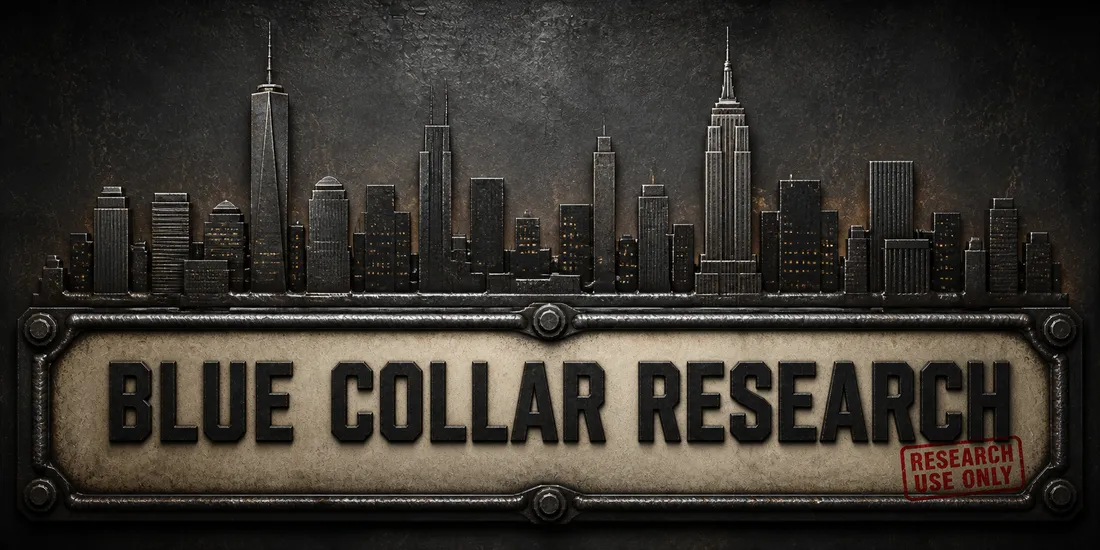 Blue Collar Research fabricated steel sign with the New York skyline